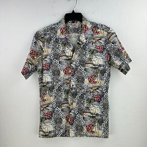 Vtg Hawaii Camp Shirt Mens M Blue Cream Floral Turtle Button Up Ukulele Tropical